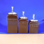 60001BRN-HORSE-SIL-CERAMIC CANISTER SET BROWN W/ HORSE SILVER LIDS